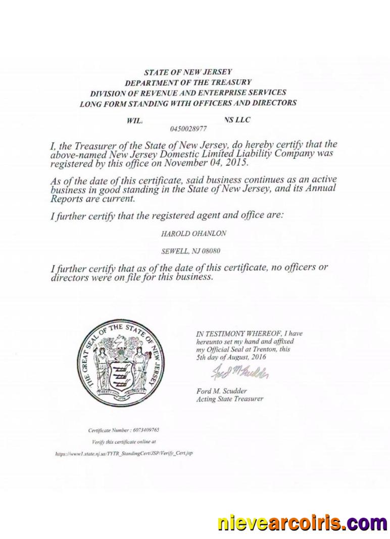 USA New Jersey certificate of good standing